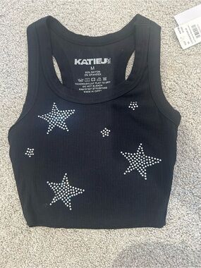 NWT KATIE J NYC Black Rhinestone Star Ribbed Tank (tween medium)